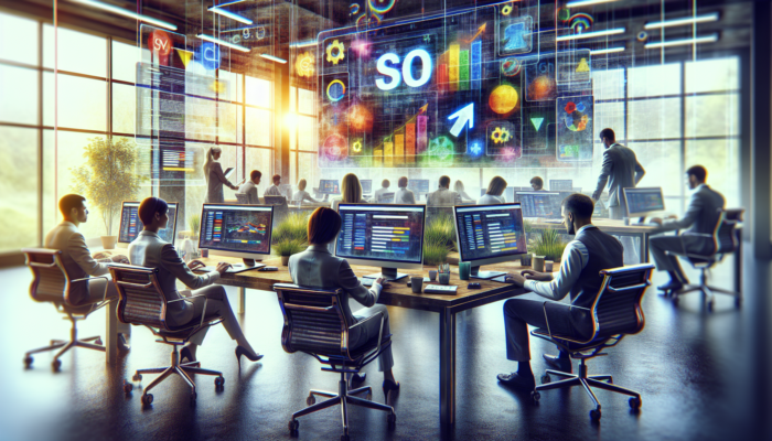 A digital marketing office displaying screens showcasing Google's 3-Pack, SEO optimisation, and graphs indicating improved business rankings.