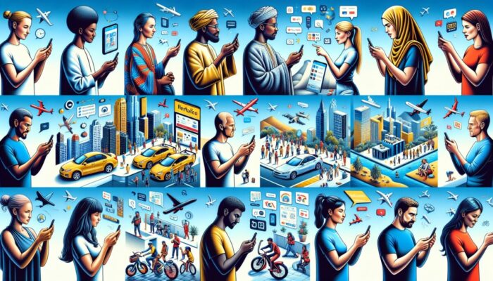 Diverse travelers utilizing smartphones and digital wallets for flexible rental payments around the world.