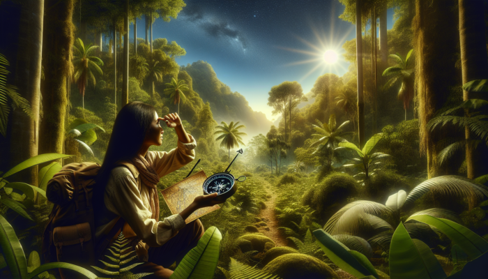 Individual in the jungle utilizing a compass, the sun, and the North Star for navigation, surrounded by lush greenery.