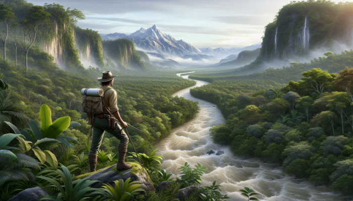 Navigator utilizing a river and mountain as landmarks in a dense jungle, adapting to environmental changes such as flooding and landslides.