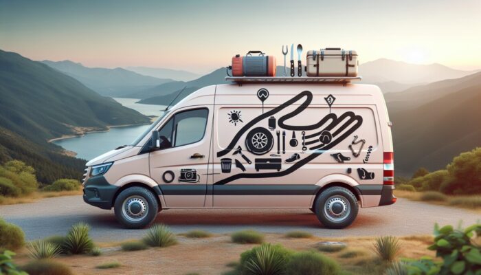 Stylish camper van at a scenic overlook, equipped with GPS, outdoor gear, kitchen supplies, and roadside assistance logo.