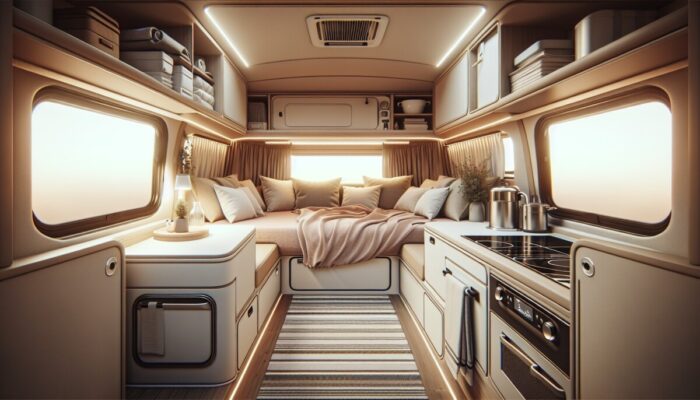 Comfortable camper van interior featuring a sleeping area, kitchenette, and ample storage for enjoyable road living.