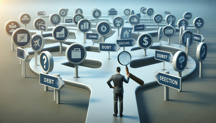 How to Succeed with a Debt Consolidation Loan: A Guide to Financial Freedom | DCL Person at crossroads analysing loan options with magnifying glass under clear sky.