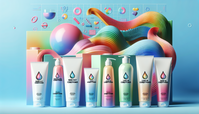 A vibrant display of rinse-out, leave-in, and deep hair conditioners tailored for various hair types and needs.