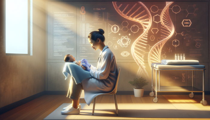 A paediatrician performing a heel prick test on a newborn in a softly lit examination room.