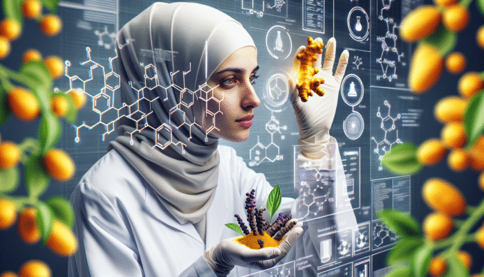 A scientist examines turmeric root and black pepper plant with curcumin and piperine molecular diagrams in the background.