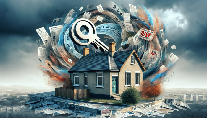 British home with key symbolising equity, debts merging, cloudy sky, foreclosure notice in background.