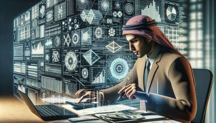A person organizing financial documents, calculating debt totals and interest rates, amidst financial charts.