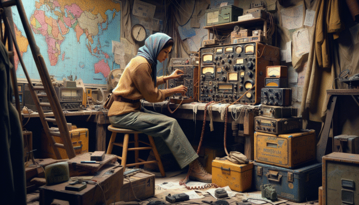 A ham radio operator using a vintage set in an emergency centre, connecting with distant stations during a crisis.