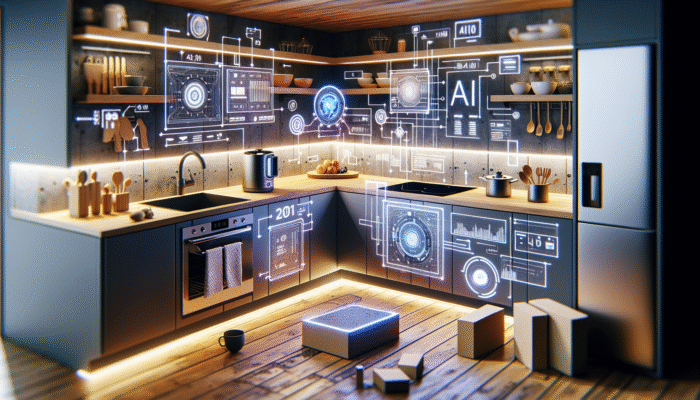 A modern kitchen showcasing AI devices being unboxed and set up, enhancing the cooking experience.