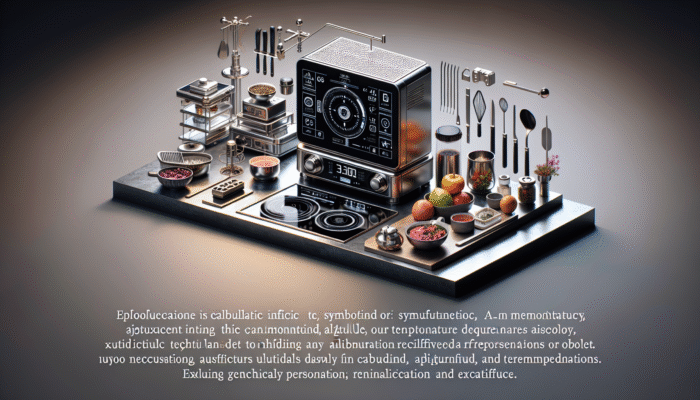 AI kitchen device on countertop, displaying calibration screen with altitude and temperature settings, surrounded by cooking tools and ingredients.