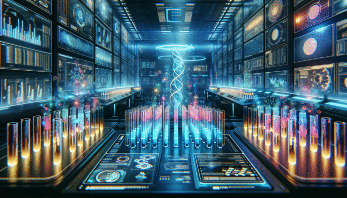 A cutting-edge laboratory featuring glowing test tubes and digital displays showcasing protein absorption data.