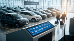 A modern Car Rentals centre featuring rows of parked vehicles inside a bright, glass-walled building. Two travellers with suitcases walk towards the cars, while a digital kiosk offers hassle-free booking options. Sunlight streams in from large windows.