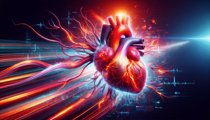 Supporting Heart Health Through Supplements: A vibrant heart with flowing blood vessels, illustrating heart rate and cholesterol levels.