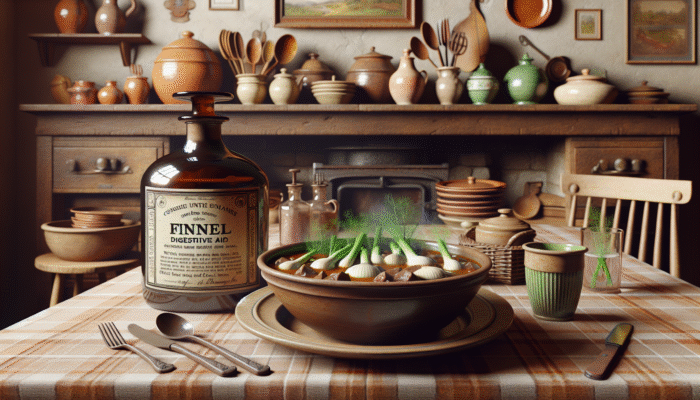 A rustic British kitchen scene with a fennel stew and a vintage medicinal bottle labelled 'Fennel Digestive Aid'.