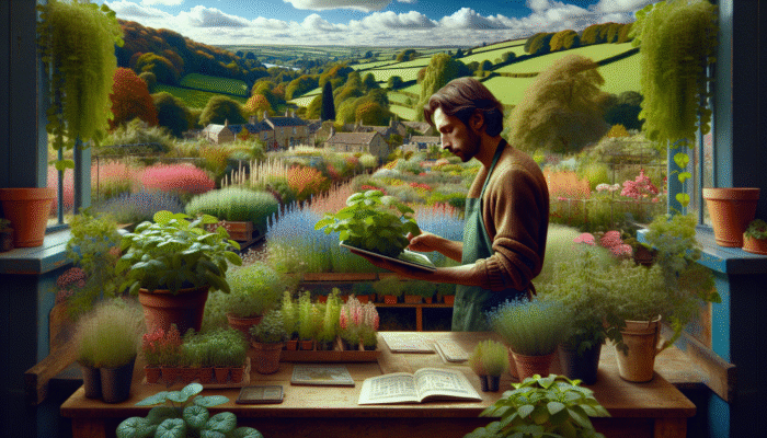 A gardener in the Cotswolds nursery, surrounded by rare herbs like Lemon Verbena and Siberian Chervil.