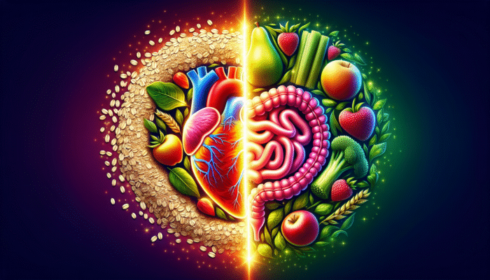 Image depicting soluble fibre from oats and fruits supporting heart health, and insoluble fibre from vegetables enhancing digestive health.