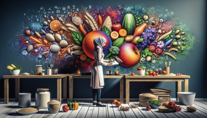 A nutritionist strategising colourful high-fibre meals featuring whole grains, fruits, and vegetables.