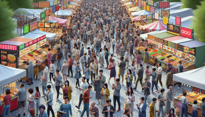 A vibrant festival scene showcasing diverse stalls, crowds, and tech-savvy attendees relishing culinary delights.