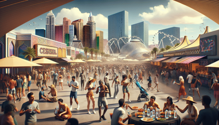 A lively Las Vegas festival scene with attendees using refillable water bottles and relaxing in shaded areas to stay hydrated.