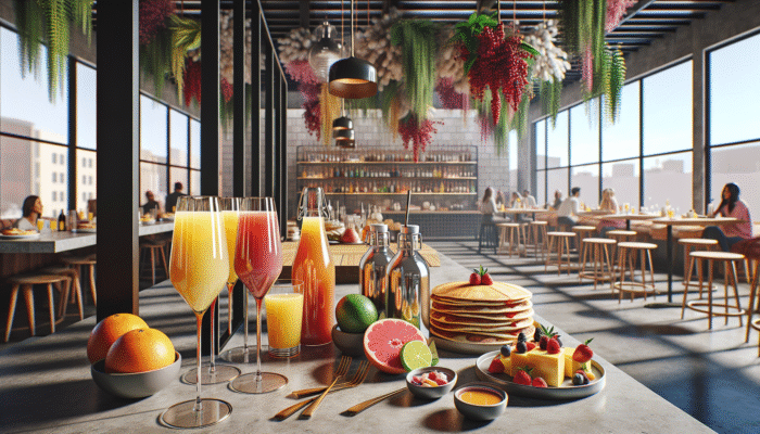 A colourful array of mimosas and brunch dishes at The Henry's chic, lively setting.