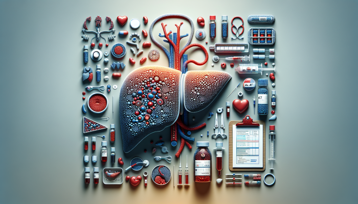 Advanced Liver Blood Test in Tiverton: A medical illustration of a liver with labelled enzymes and proteins, surrounded by blood test vials and diagnostic charts.