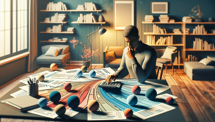 Debt Consolidation Loan Income Requirements: A Comprehensive Guide | DCL Individual calculating debt-to-income ratio in a comfortable home office, surrounded by financial documents and graphs.