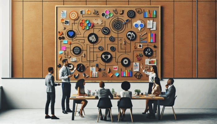 A collaborative workspace featuring a planning board and team members discussing video content strategies.