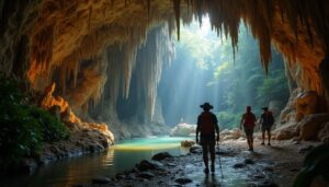 Three individuals with backpacks and hats walk through the majestic ATM Cave Belize, beside a shallow stream. Sunlight streams in from the entrance, illuminating rocky walls and green surroundings—an adventure guide leads them past ancient stalactites.