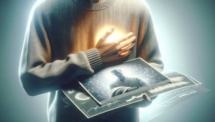 Grief Decluttering Hacks for House Clearance: A person holding a worn photograph and sweater, surrounded by glowing memories, symbolising grief and healing.
