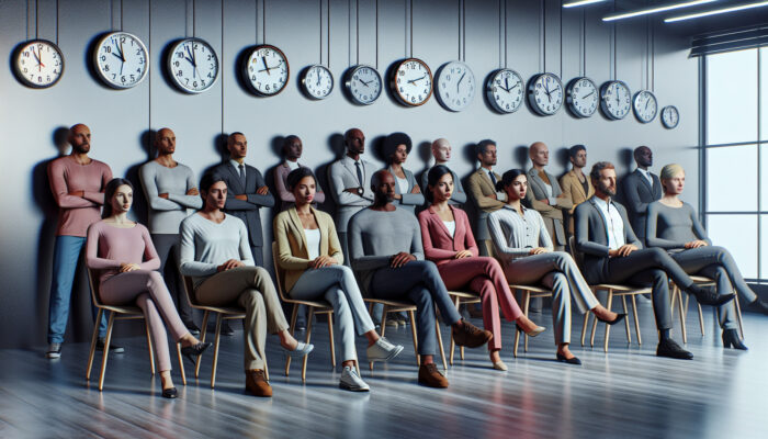 A diverse group of individuals waiting in an office with permit applications and clocks displaying various times.