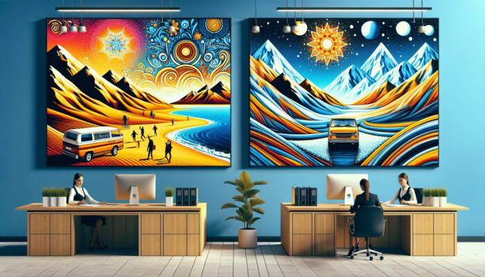 A car rental office decorated with vibrant posters showcasing summer beach and winter mountain themes, highlighting seasonal discount offers.
