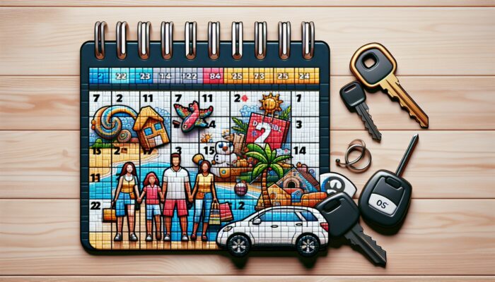 Calendar featuring holiday dates and discount symbols, accompanied by car keys, travel brochures, and a family planning their vacation.