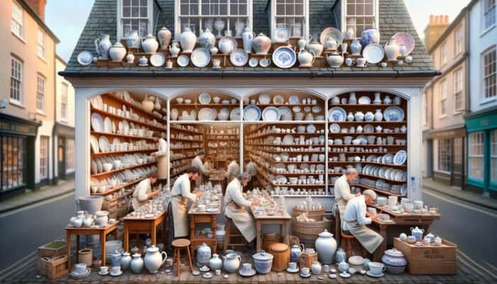 A warm East Calder porcelain repair shop where artisans restore ceramics, offering tailored consultations.