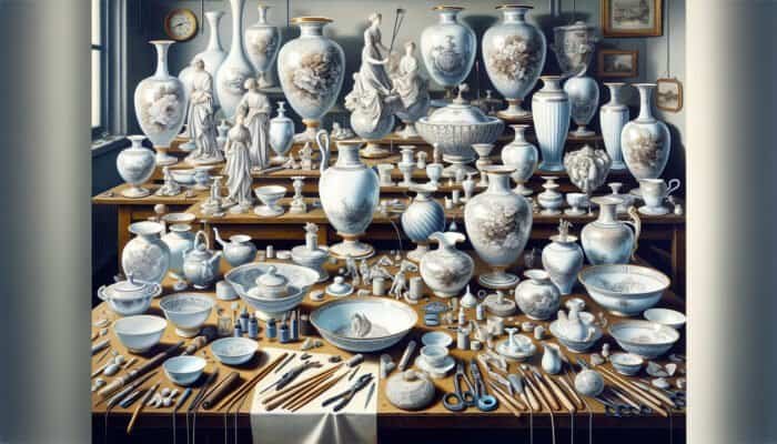 Porcelain items like vases and figurines being skillfully restored by artisans in East Calder.