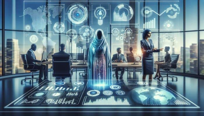 Futuristic dashboard illustrating graphs and analytics, with a team analysing customer data in a contemporary office.