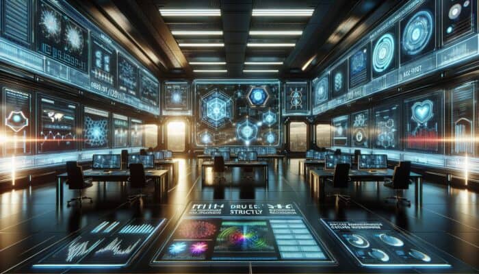 A futuristic control room showcasing holographic displays representing secure data flows and CRM analytics, surrounded by advanced cybersecurity measures and encryption symbols.