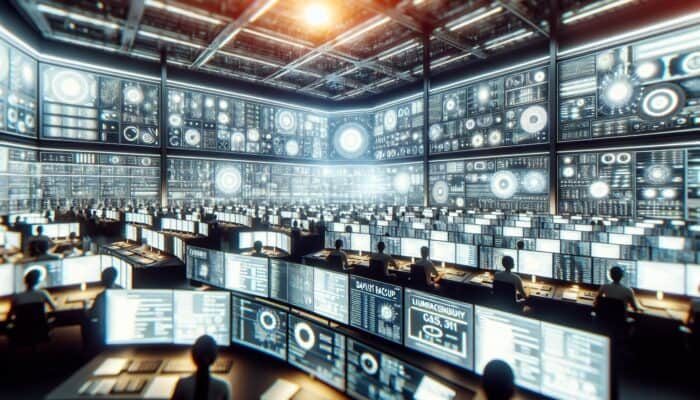 High-tech control room with screens illustrating backup and recovery processes during a retail store system failure.