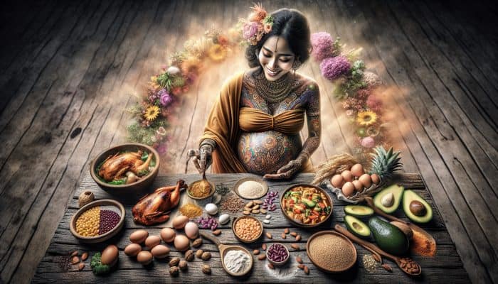 A pregnant woman arranging a colourful, balanced meal on a rustic table, essential for health.