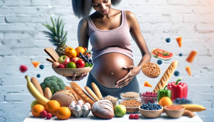 A pregnant woman arranging a colourful plate of food following NHS Eatwell Guide recommendations.