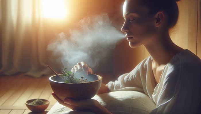 Person inhaling steam from a bowl with eucalyptus and peppermint, surrounded by warm mist, for respiratory health.