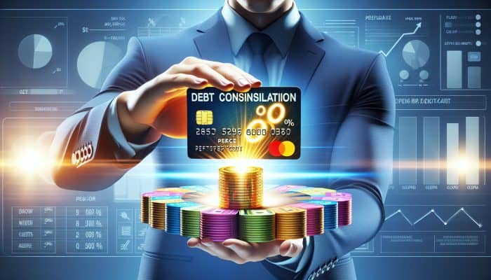 Person transferring colourful credit card balances to a new card with "0%" symbol, illustrating debt consolidation.