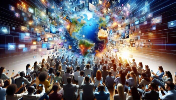 A diverse group of individuals worldwide using smartphones to view and share short-form videos, showcasing digital connectivity.