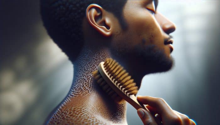 Close-up of scalp exfoliation with a soft brush, revealing healthy skin and hair follicles in a spa setting.