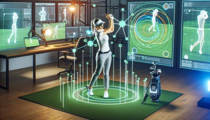Golfer analysing swing mechanics with 3D models and motion capture in a modern training facility.