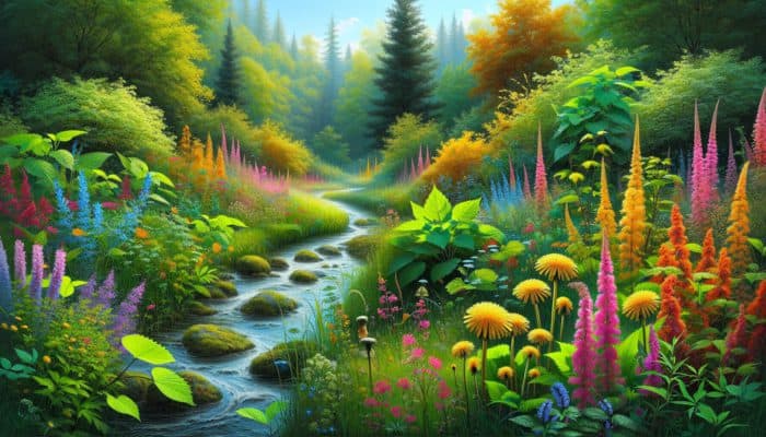 A tranquil garden featuring herbs like dandelion, nettle, and goldenrod, alongside a serene stream, symbolising kidney health solutions.