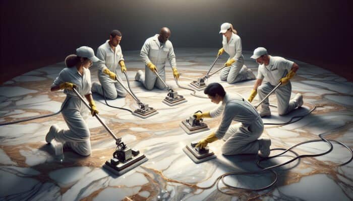 Professional crew restoring marble floor's shine and patterns with specialised tools.