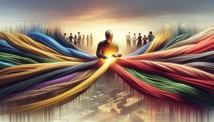 Printable Debt Consolidation Planning Worksheets | DCL Visual representation of a person consolidating debts into one loan, symbolised by merging colourful threads into a golden thread with financial charts.
