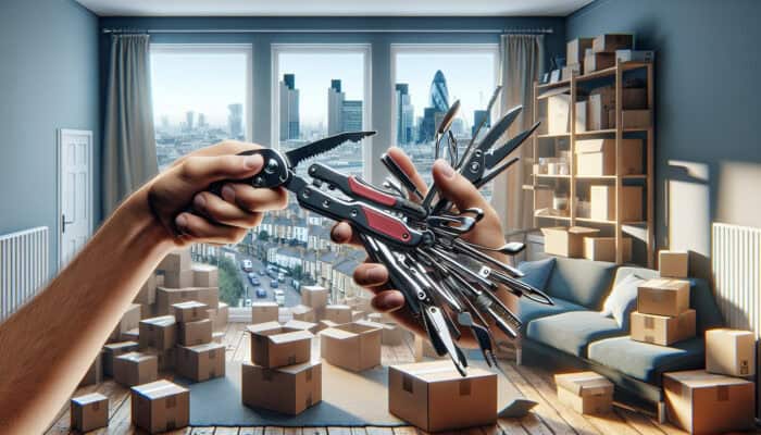 A person using a multi-tool to effectively clear a cluttered London apartment.