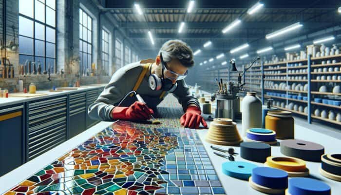 A person polishing a vibrant mosaic of ceramic tiles in a well-organized workshop.